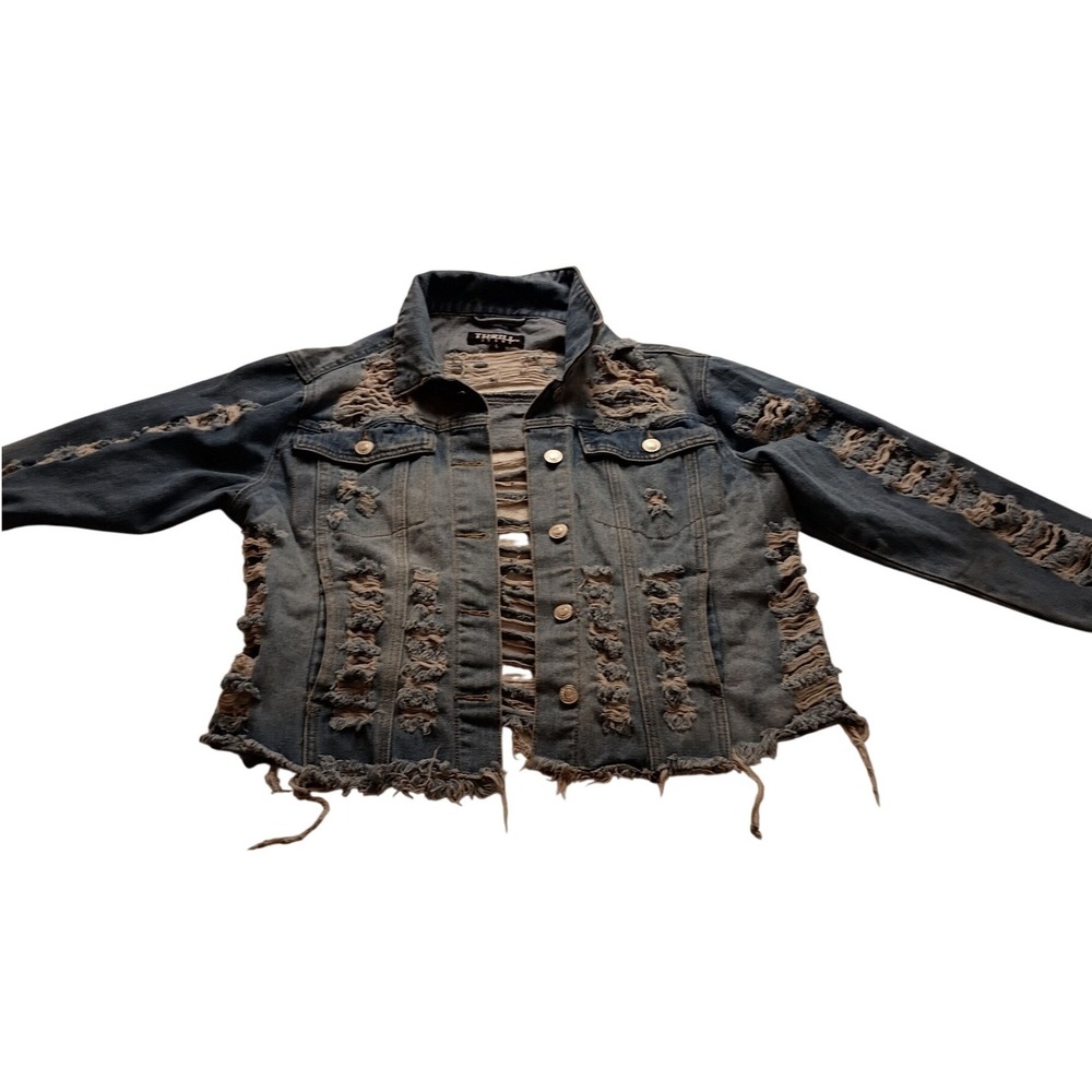 Thrill Jeans Distressed Denim Jacket Women's L Light Wash Ripped Shredded Blue